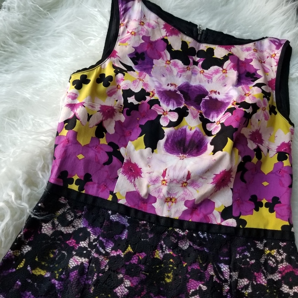 Maggy London Dress Purple Flowers and Black Lace